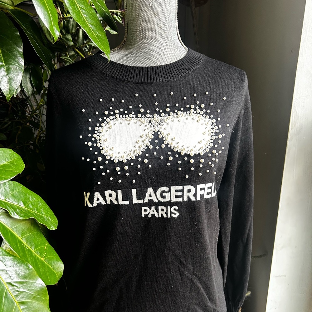NWT. Karl Lagerfeld Black Sweater with Pearl Accents
